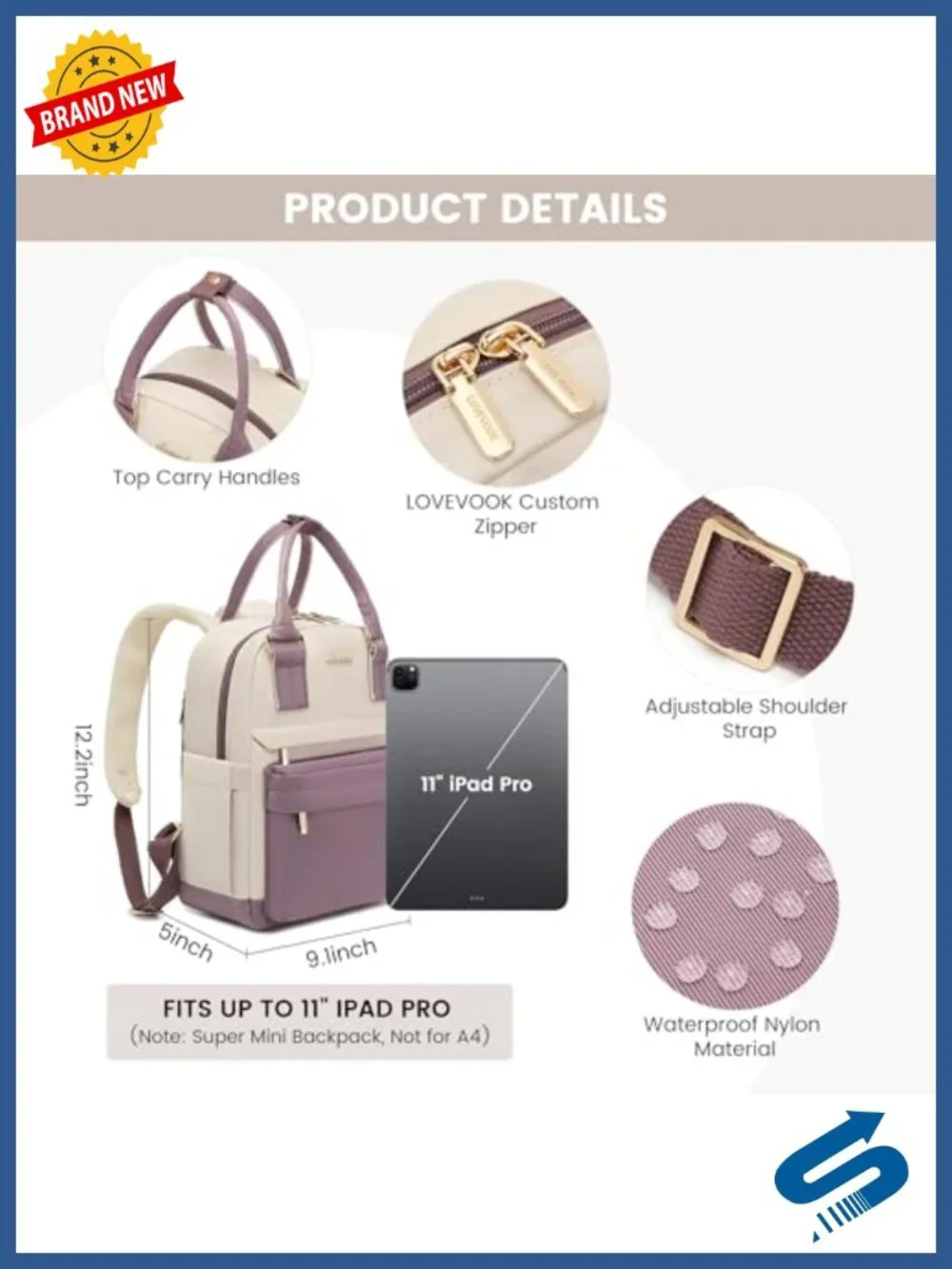 Mini Backpack for Women Waterproof Nylon USB Port Daypack College Travel Party